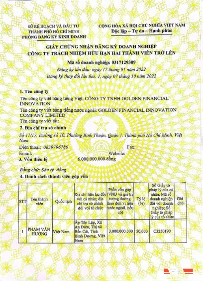 Vietnam company register entry certificate